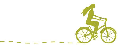 Green cartoon silhouette of girl on a bike