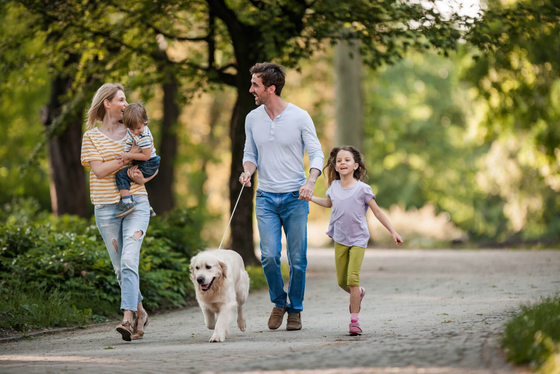 Mother, father and two children walking a dog on a paved path near tall trees