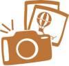 Orange colored illustration of camera with photos